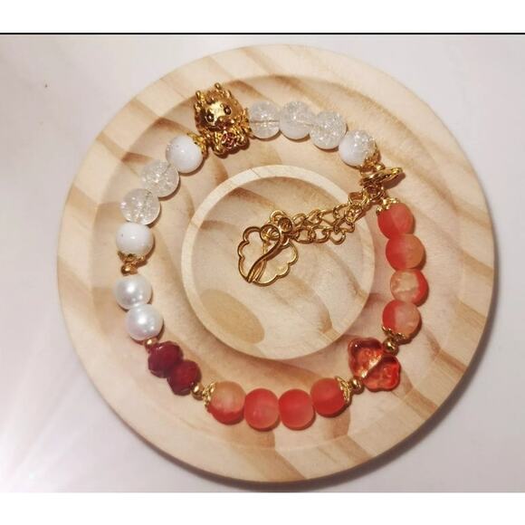 Red White Wire Bracelet w beaded Dragon and Winged Dangle Charms #971 - Picture 2 of 5